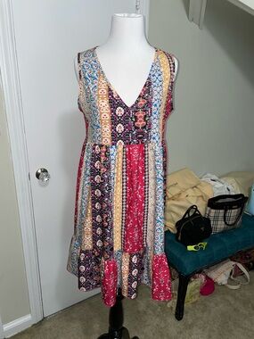 Boho Patchwork V-Neck Sleeveless Dress in Multicolor